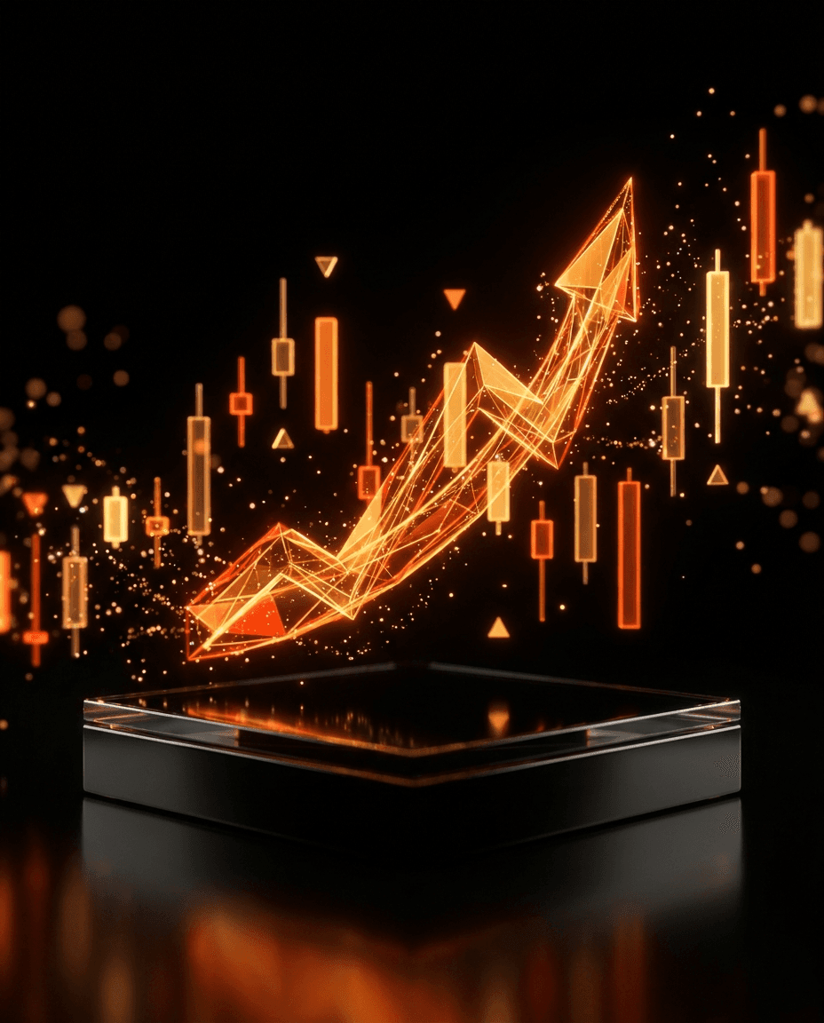 Ascending holographic trading chart in Quantiva brand colors